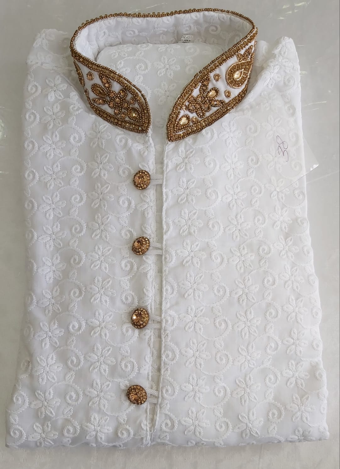 White Mens Chicken Kurta Pyjama Gold Embroidery