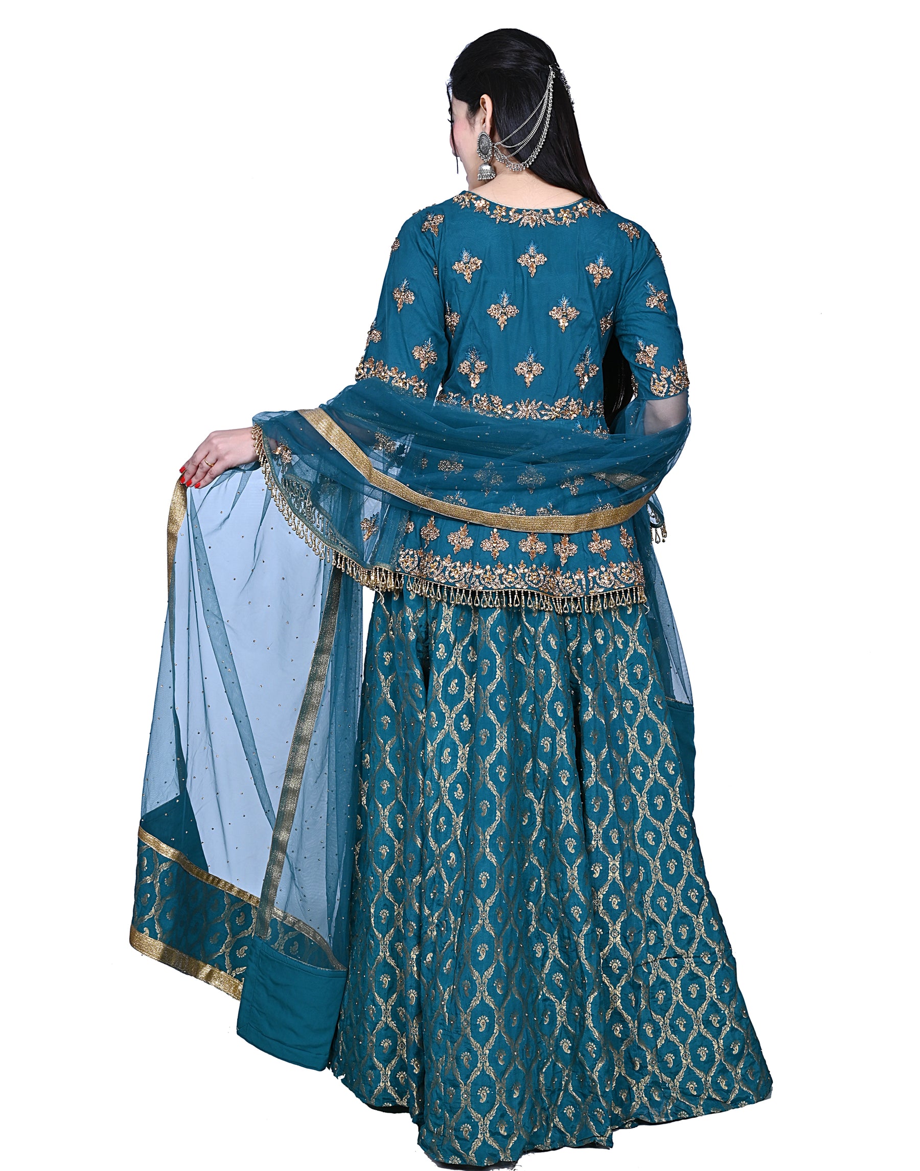 Emerald Green Embroidered Peplum Style Shirt With Lengha