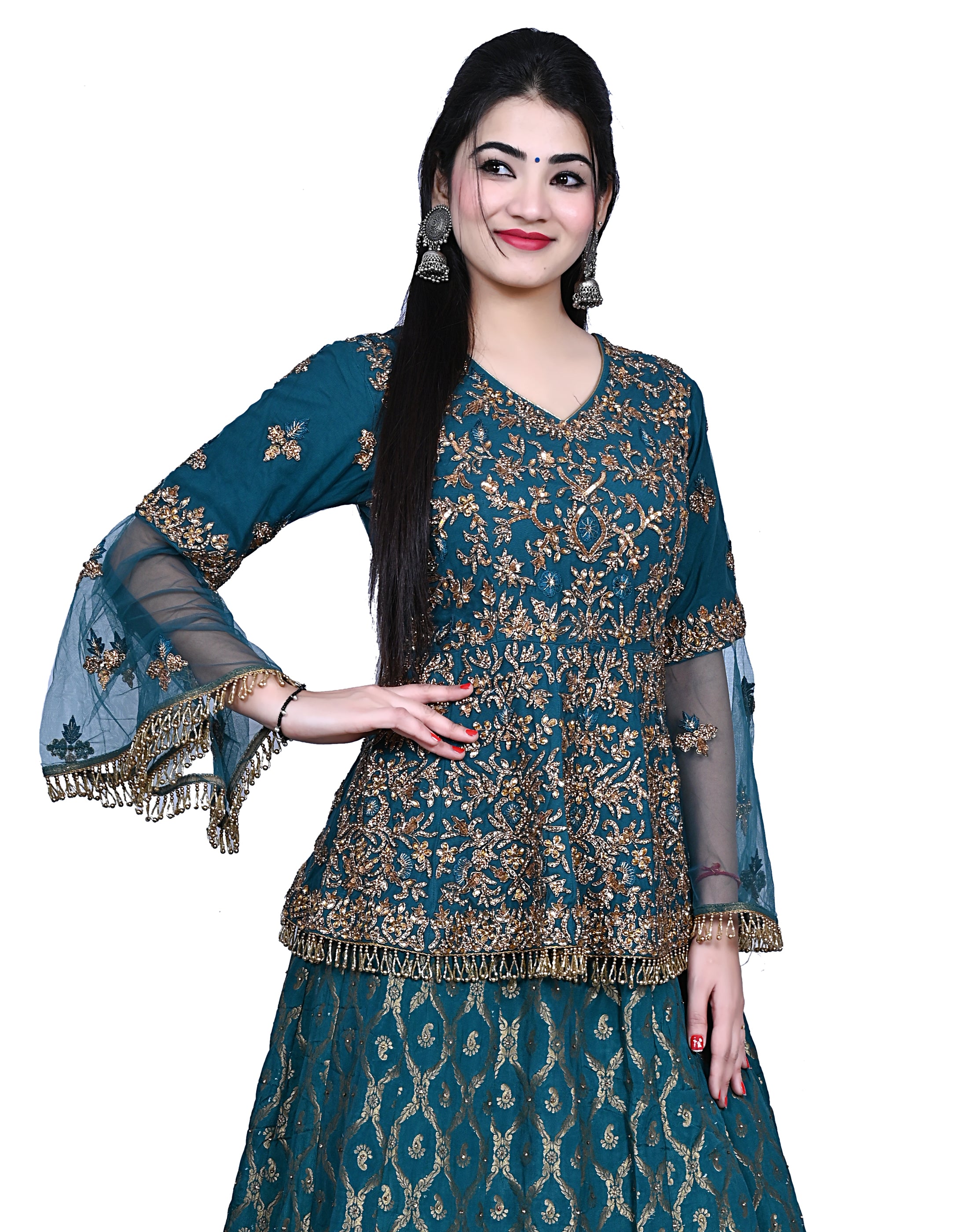 Emerald Green Embroidered Peplum Style Shirt With Lengha
