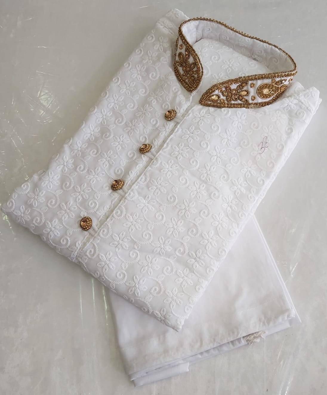 White Mens Chicken Kurta Pyjama Gold Embroidery