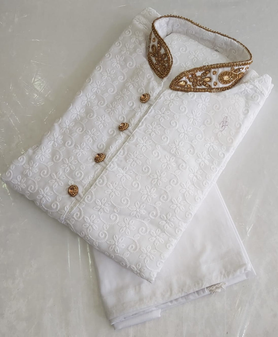 White Mens Chicken Kurta Pyjama Gold Embroidery
