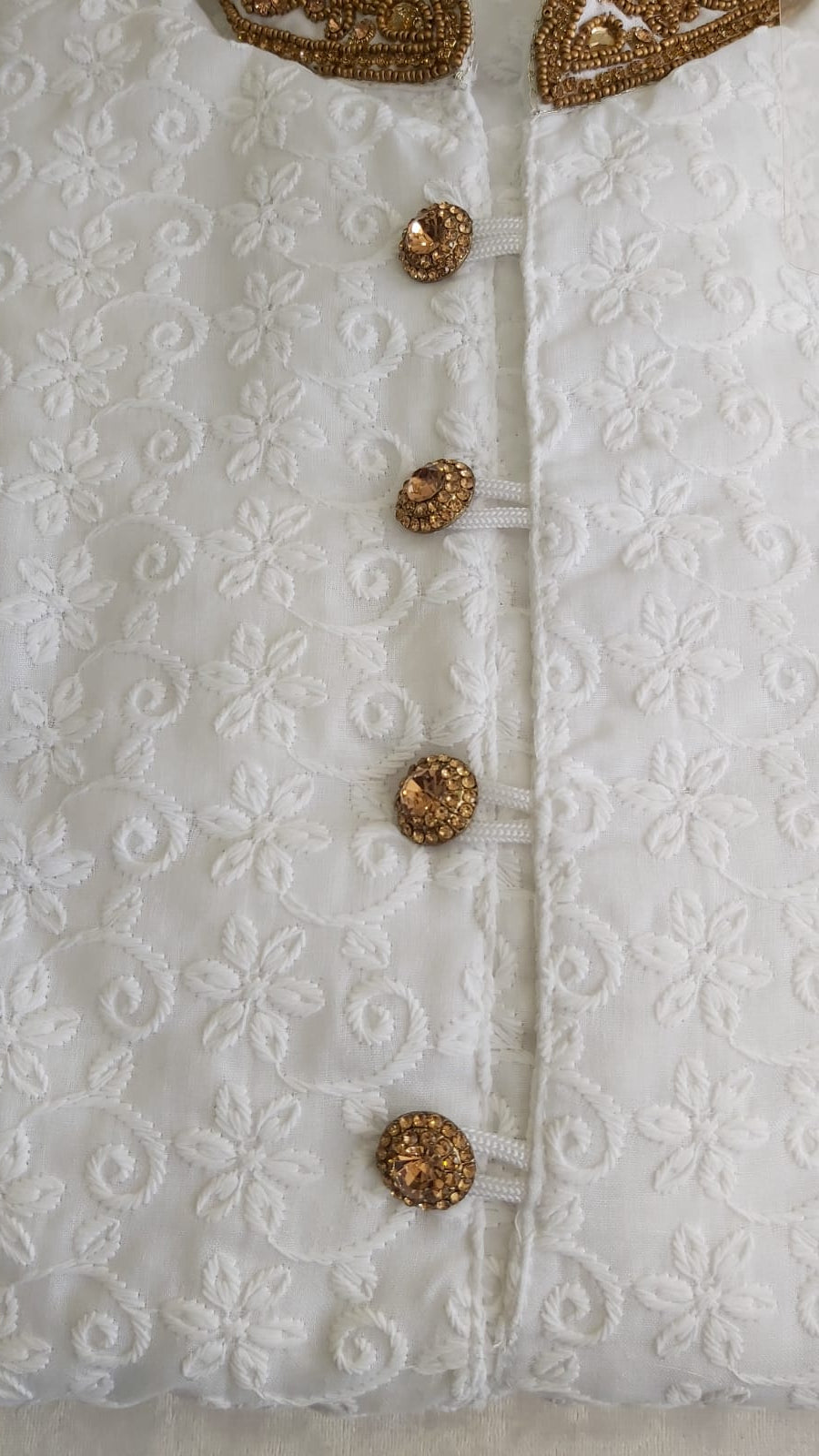 White Mens Chicken Kurta Pyjama Gold Embroidery