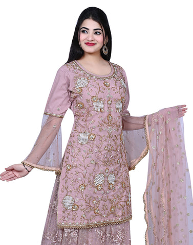 Pink Embroidered Party Wear Shirt With Sharara