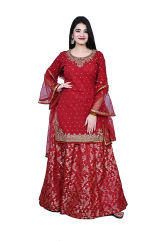 Maroon Embroidered Ladies Party Wear Shirt With Lengha