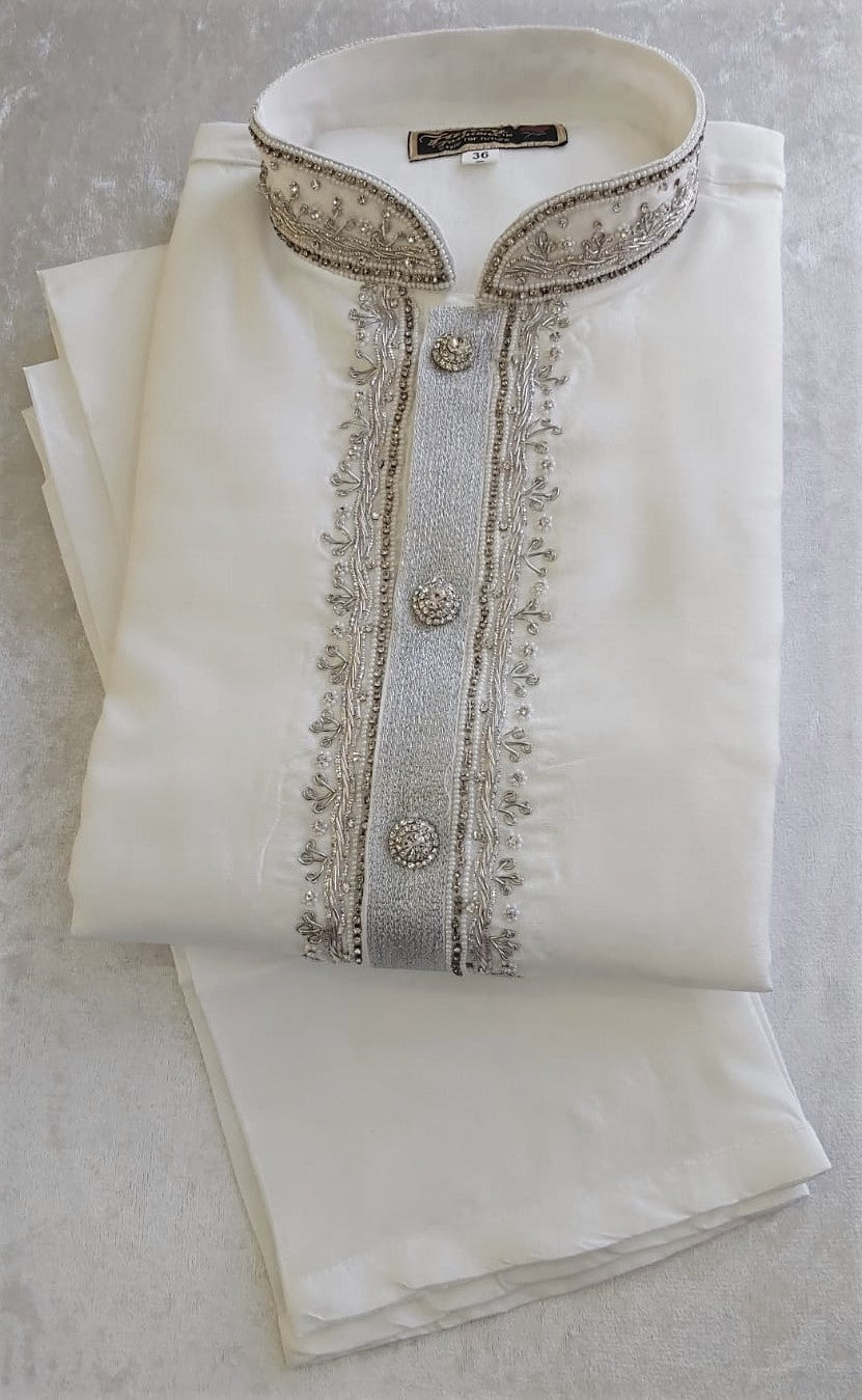 White Men's Embroidery Dupion Kurta Pajama