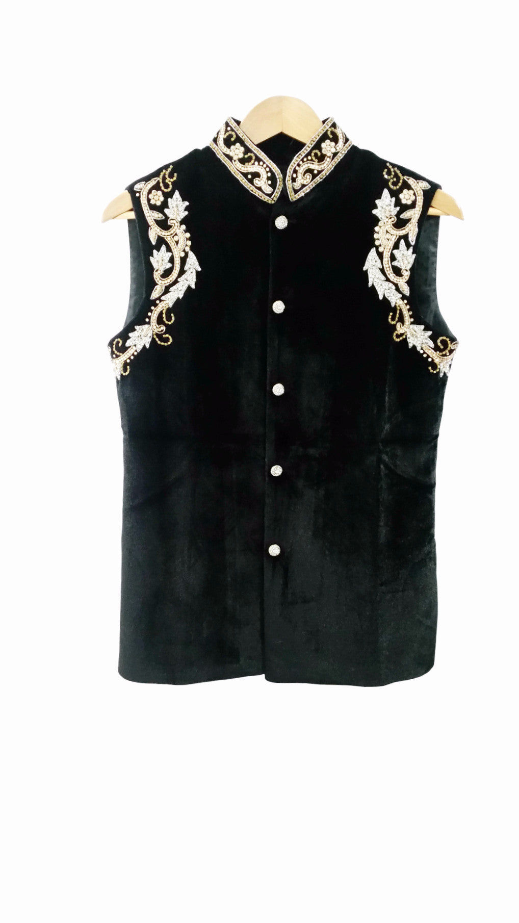 Black Velvet Waistcoat With Stone Embroidery