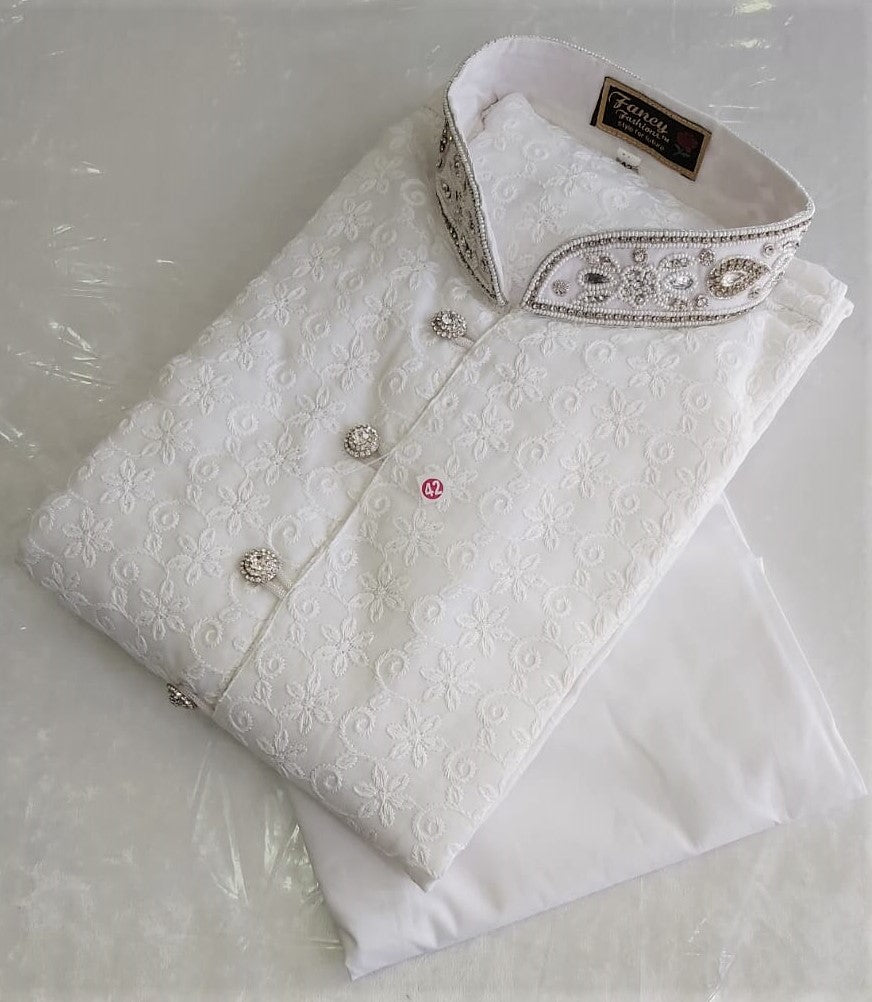 Mens White Chicken Cotton Kurta Pyjama Silver Embroidery