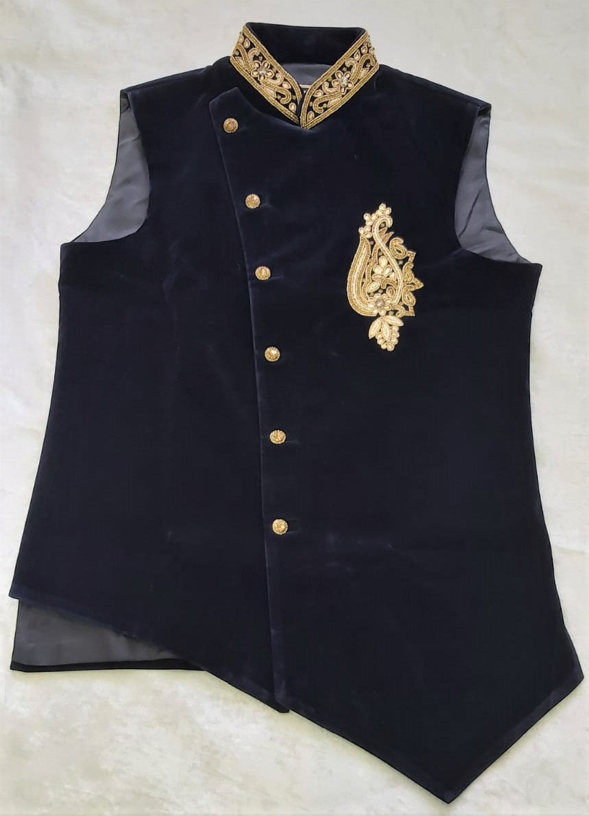Men's Navy Blue Slanted Velvet Waistcoat