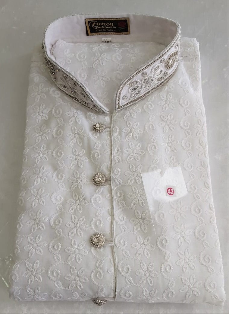 Mens White Chicken Cotton Kurta Pyjama Silver Embroidery