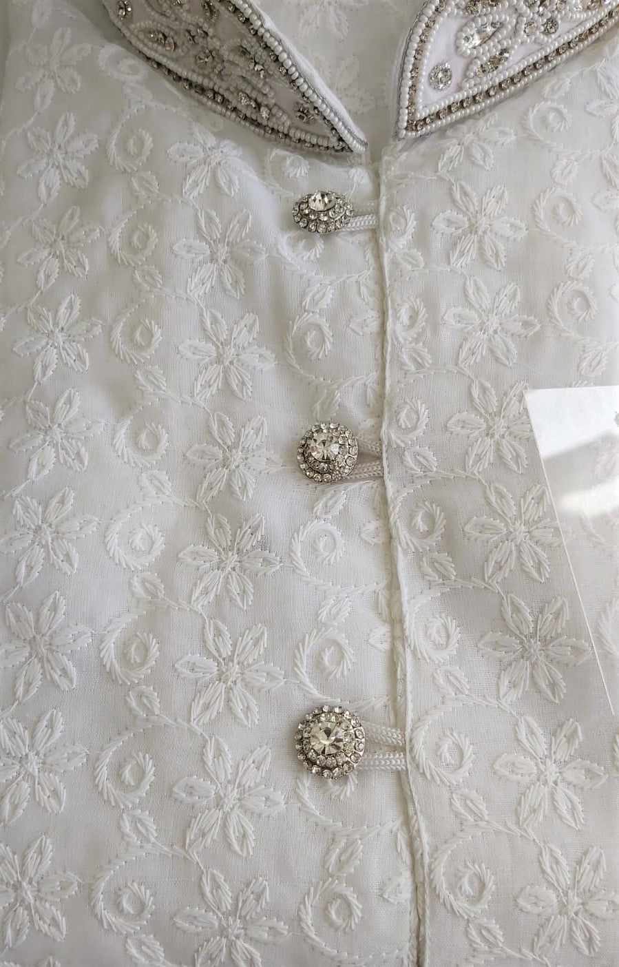 Mens White Chicken Cotton Kurta Pyjama Silver Embroidery