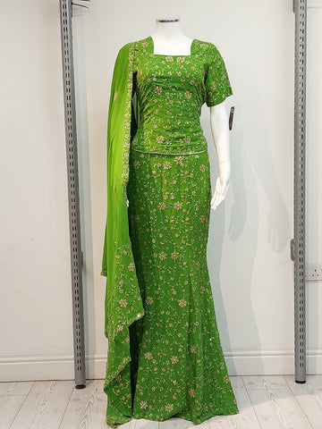 Ladies green fish cut half sleeve full jal embroidery Lengha D.NO A
