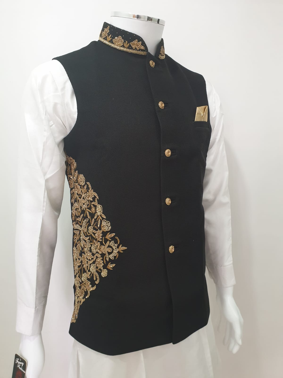 Black Waistcoat Gold Hip Embroidery