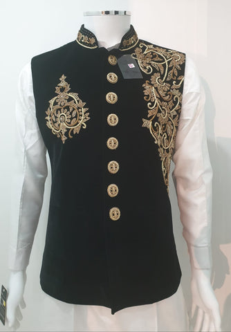 Black Velvet Waistcoat With Gold Hand Embroidery