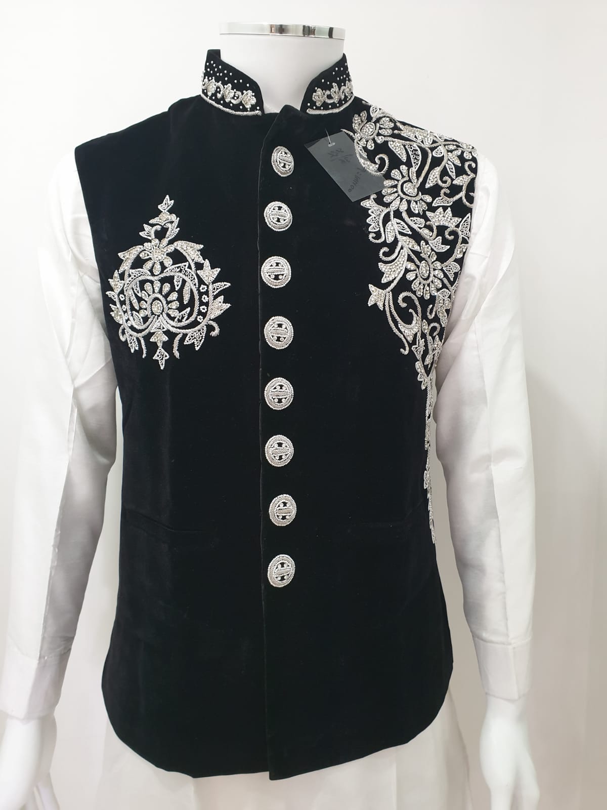 Black Velvet Waistcoat With Silver Hand Embroidery