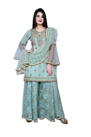 Light Green Ladies Embroidered Shirt With Sharara