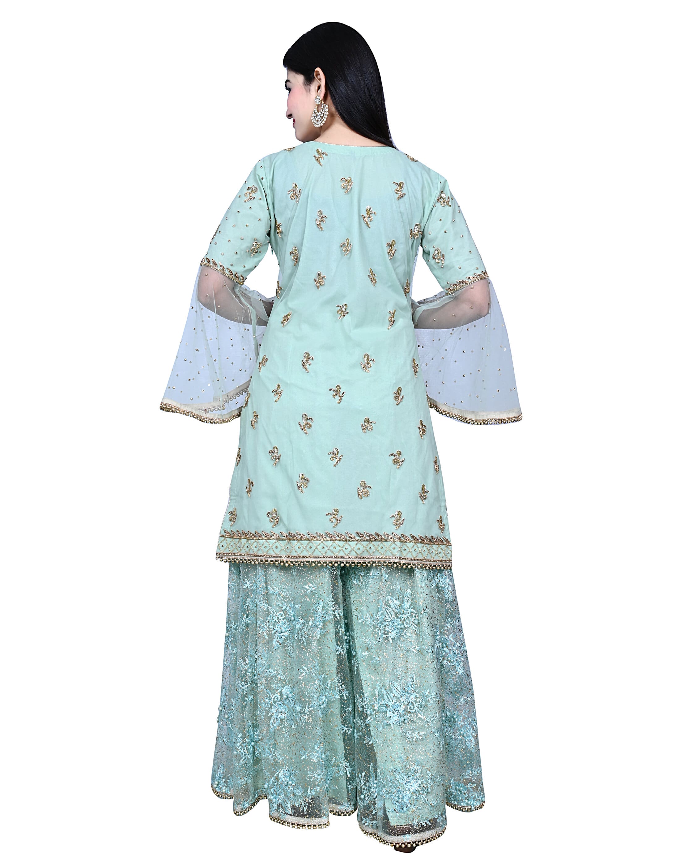Light Green Ladies Embroidered Shirt With Sharara