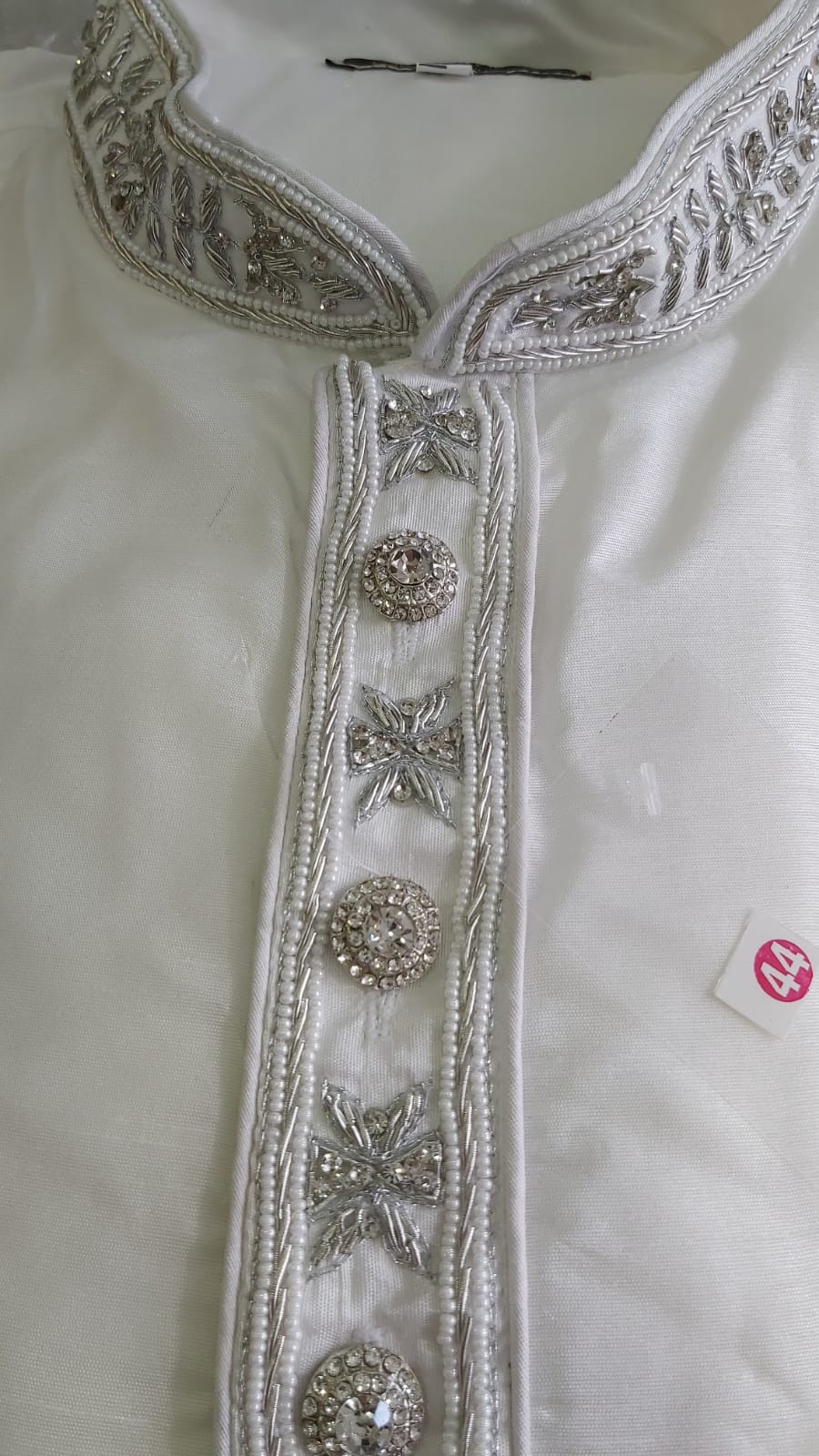 White Men's Embroidery Poly Dupion Kurta Pajama