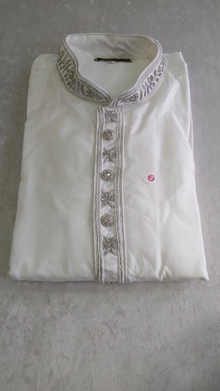 White Men's Embroidery Poly Dupion Kurta Pajama