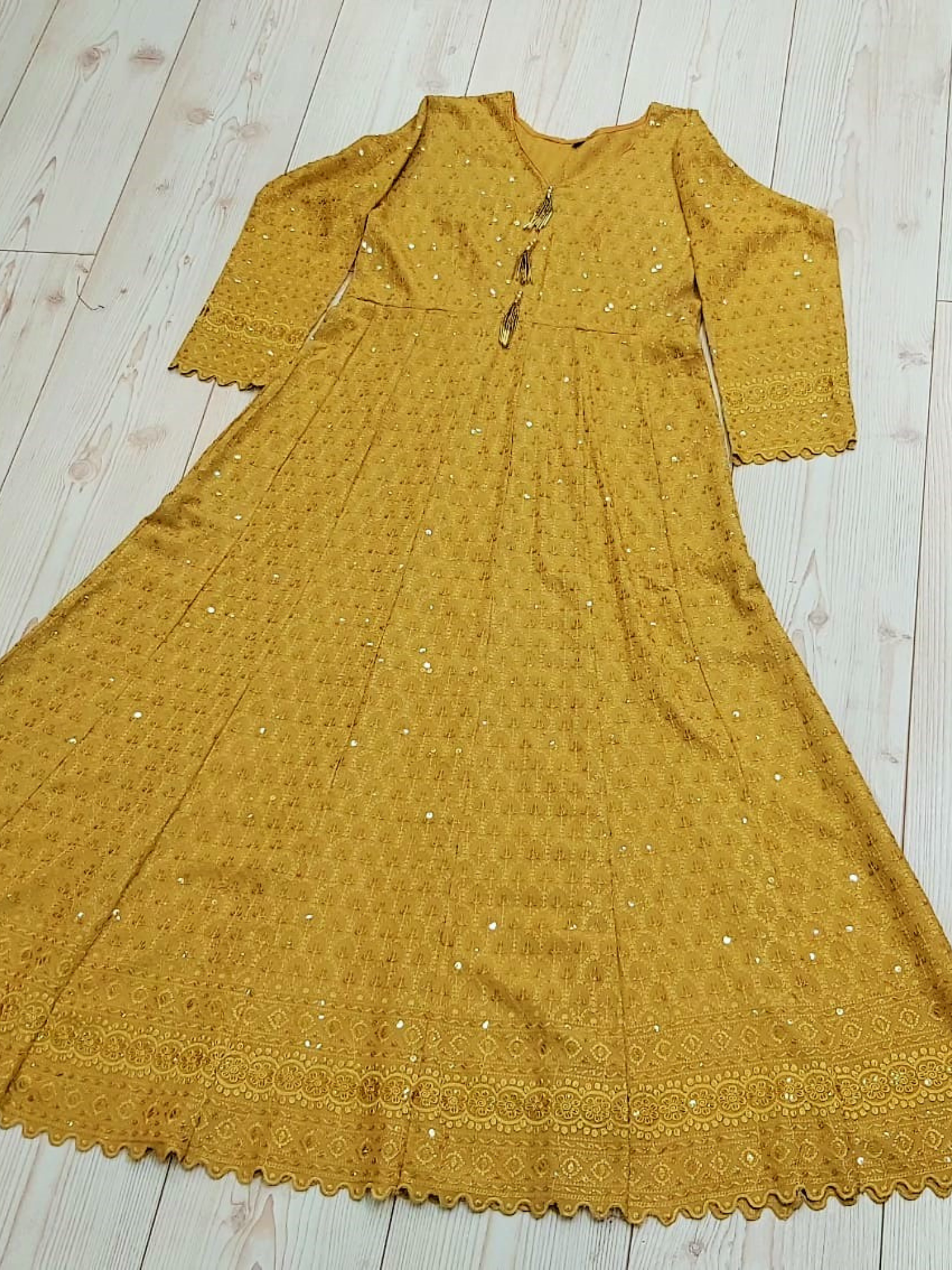 Mustard Embroidered Rayon Fabric Ladies Long Dress