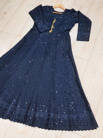 Navy Blue Embroidered Rayon Fabric Ladies Long Dress