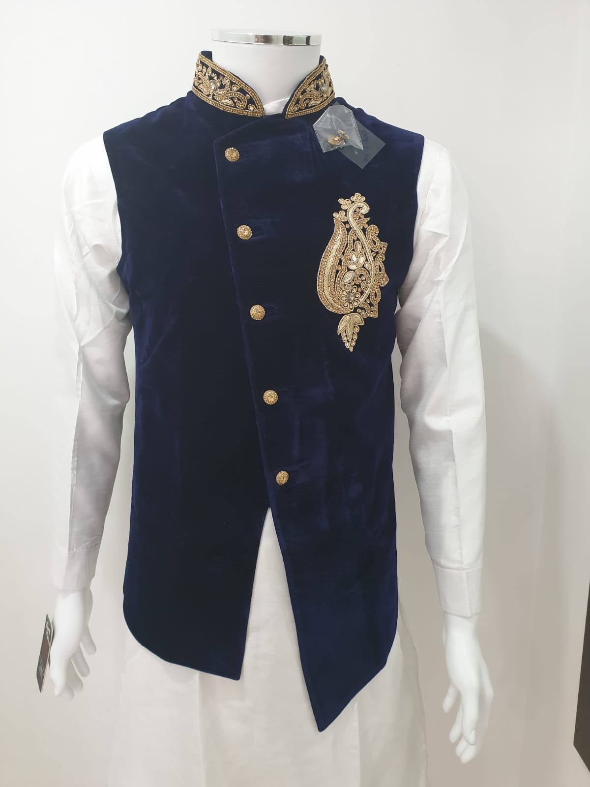 Navy Blue Cut Design Velvet Waistcoat
