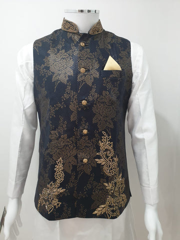 Navy Blue & Black Embroidered Waistcoat
