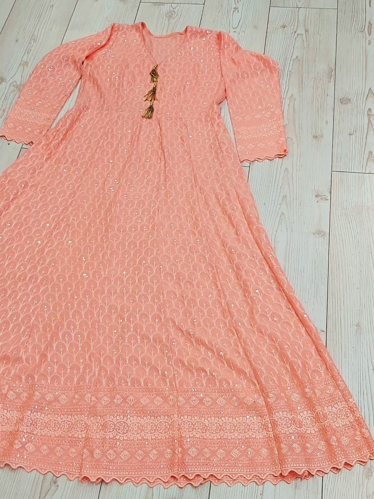 Peach Embroidered Rayon Fabric Ladies Long Dress