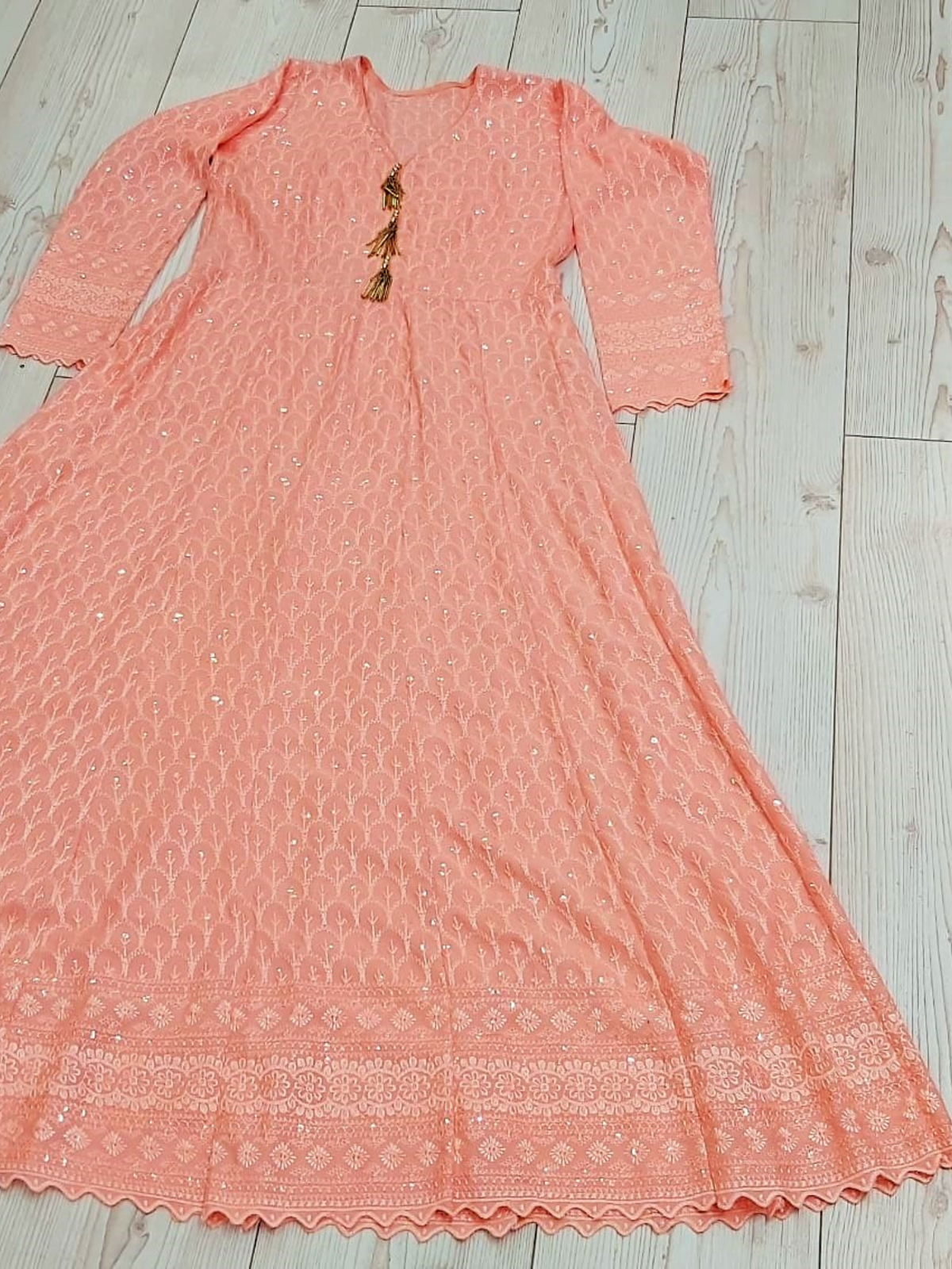 Peach Embroidered Rayon Fabric Ladies Long Dress