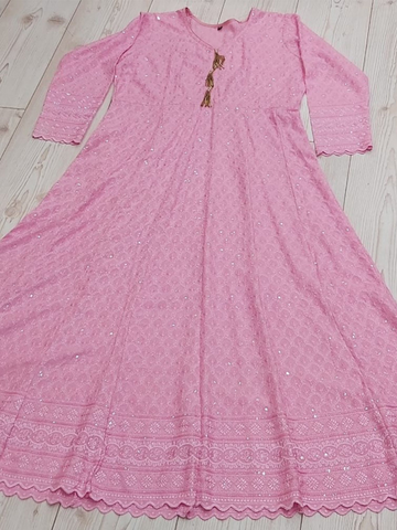 Baby Pink Rayon Embroidered Ladies Long Dress