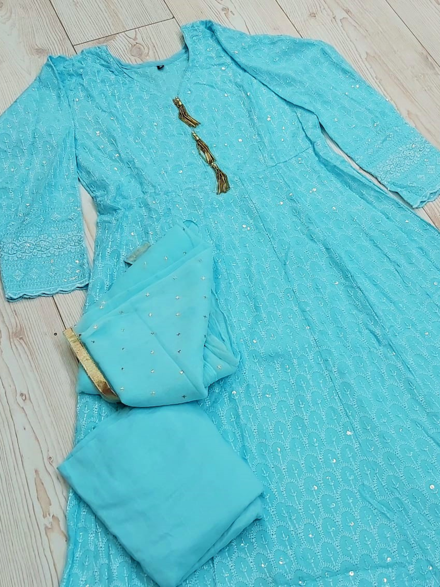 Sky Blue Embroidered Rayon Fabric Ladies Long Dress
