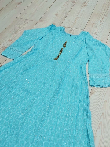 Sky Blue Embroidered Rayon Fabric Ladies Long Dress
