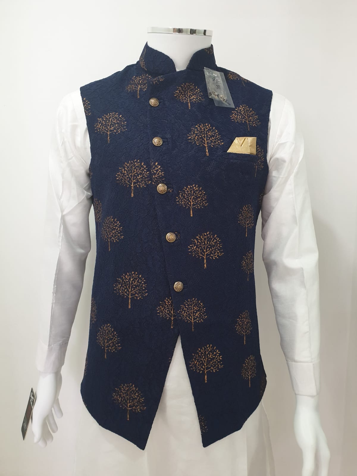 Navy Blue Waistcoat With Brown Print Design