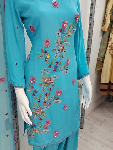 blue ladies salwar kameez with full duptta embroidery