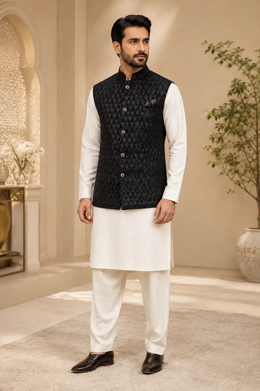 Black Indian Nehru Jacket With Sequin Embroidery