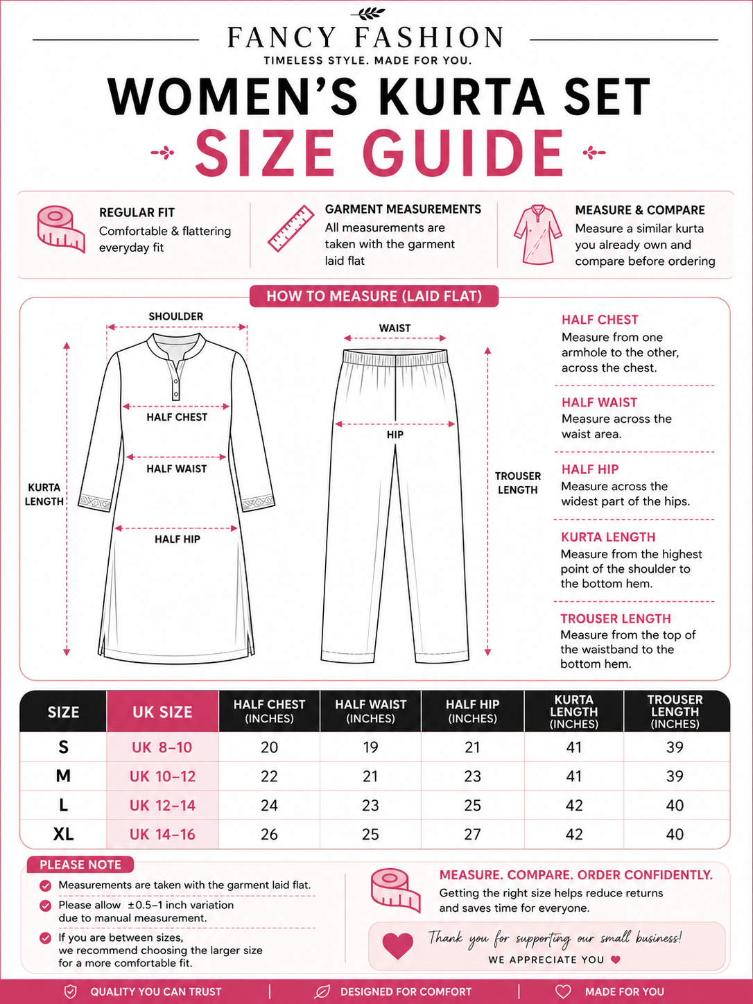 Women’s kurta set size guide